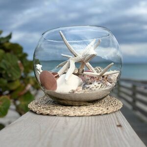 Coastal Glass Bowl with Seashells and Starfish
